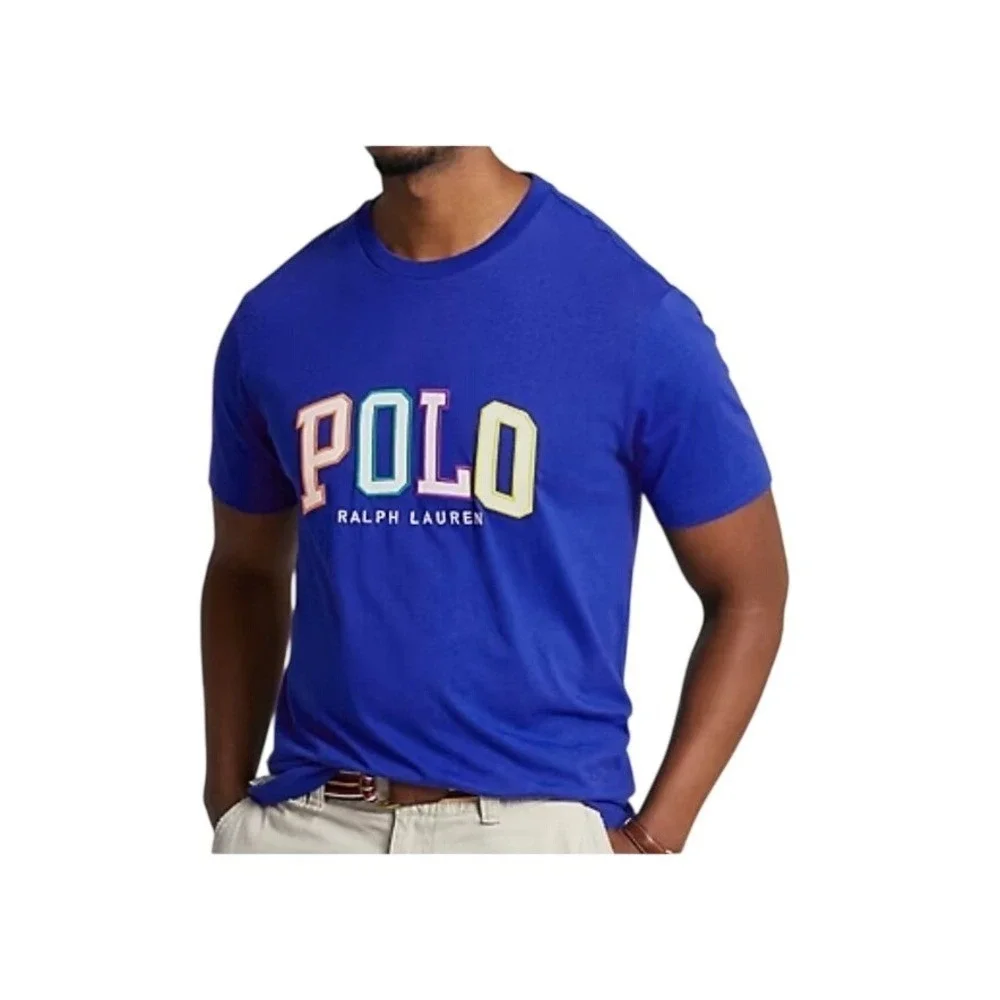RARE Polo Ralph Lauren 4XB Blue Tee Multi-Color Logo Applique 90s Prep Style